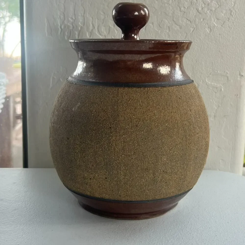 Art Studio Pottery Handmade Stoneware Lidded Storage Jar Artist Signed Brown Vtg